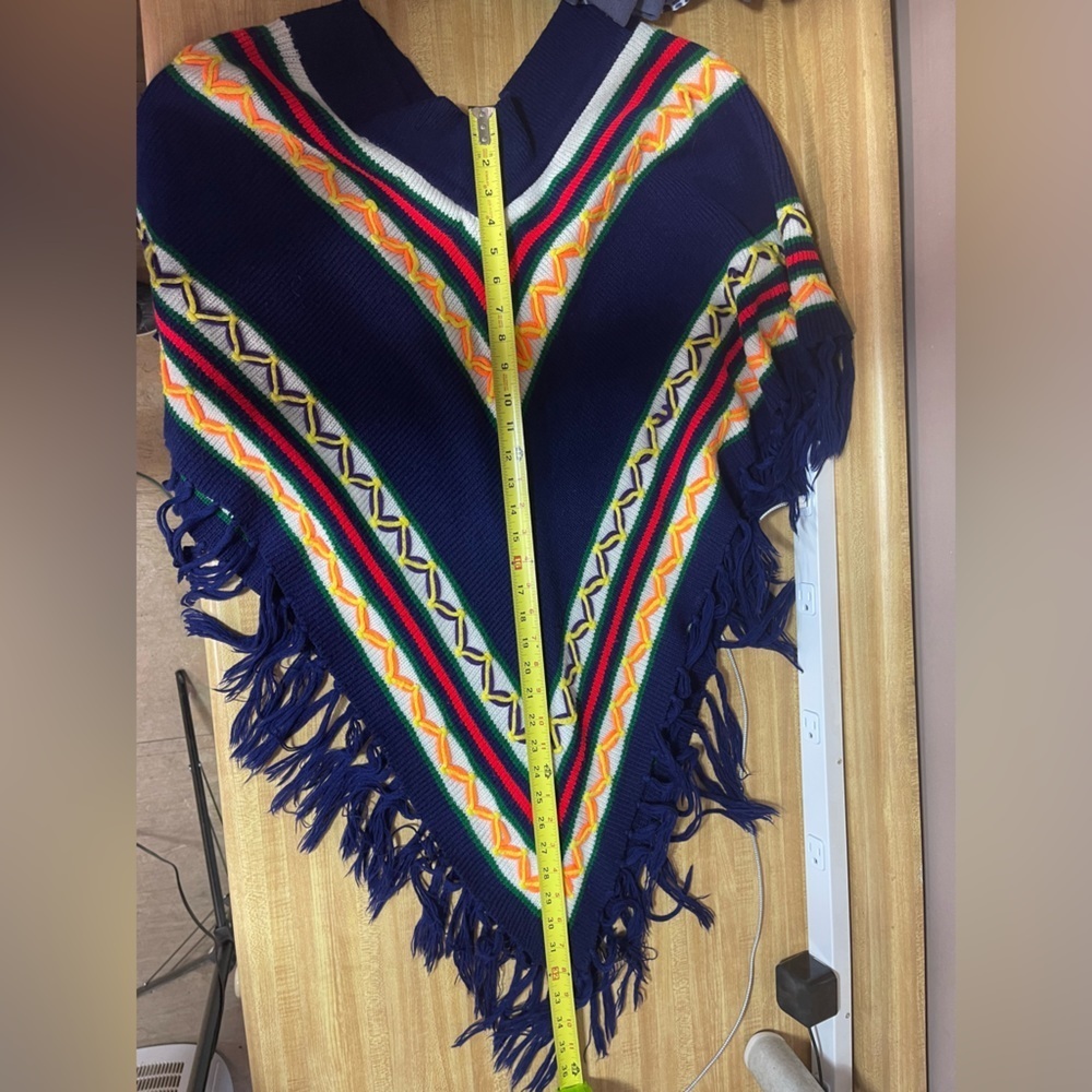 Miss Erika Inc Navy multi colored striped boho sweater poncho - Picture 13 of 14